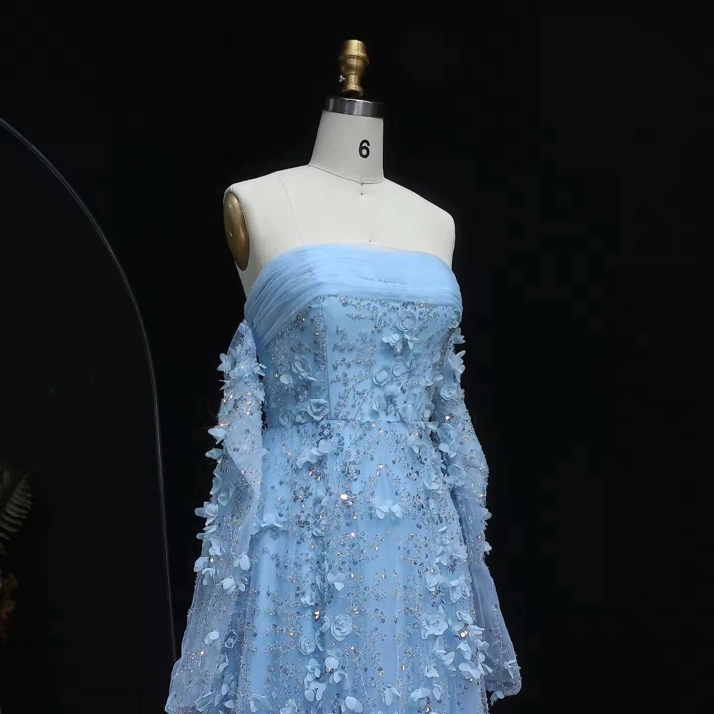 Light Blue 3D Flowers Strapless Gown with Gloves luxury evening dress by Riviera Couture