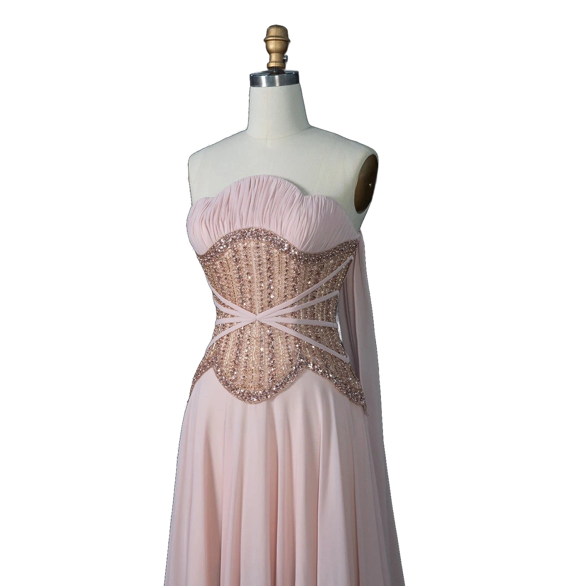 The Lulu – pink pearl beaded cape sleeve A-line evening gown | Riviera Couture