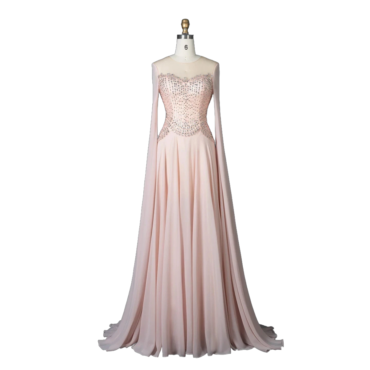 The Rahaf – pink beaded cape sleeve A-line evening gown | Riviera Couture