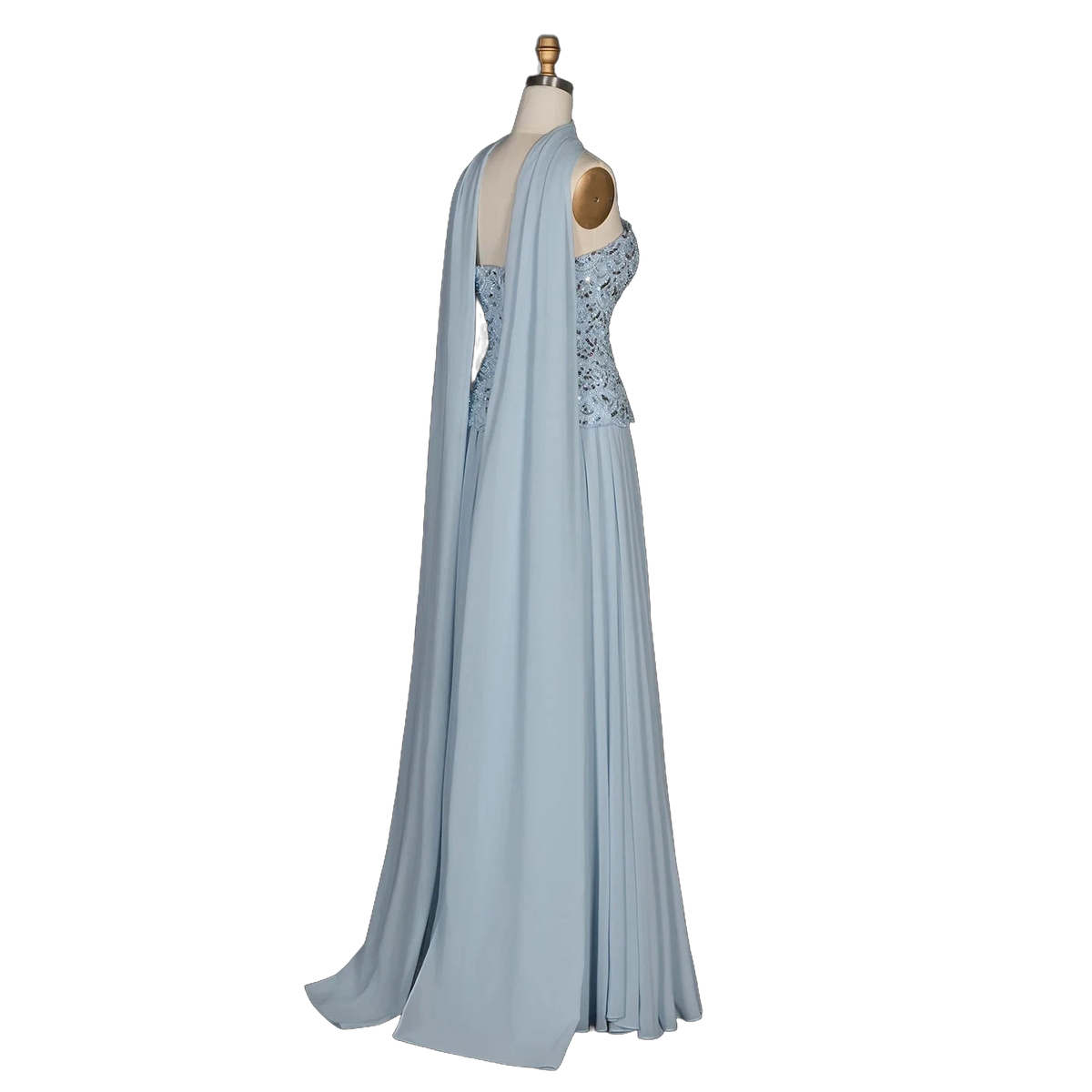 The Haya – blue chiffon A-line gown with scarf and pearls | Riviera Couture