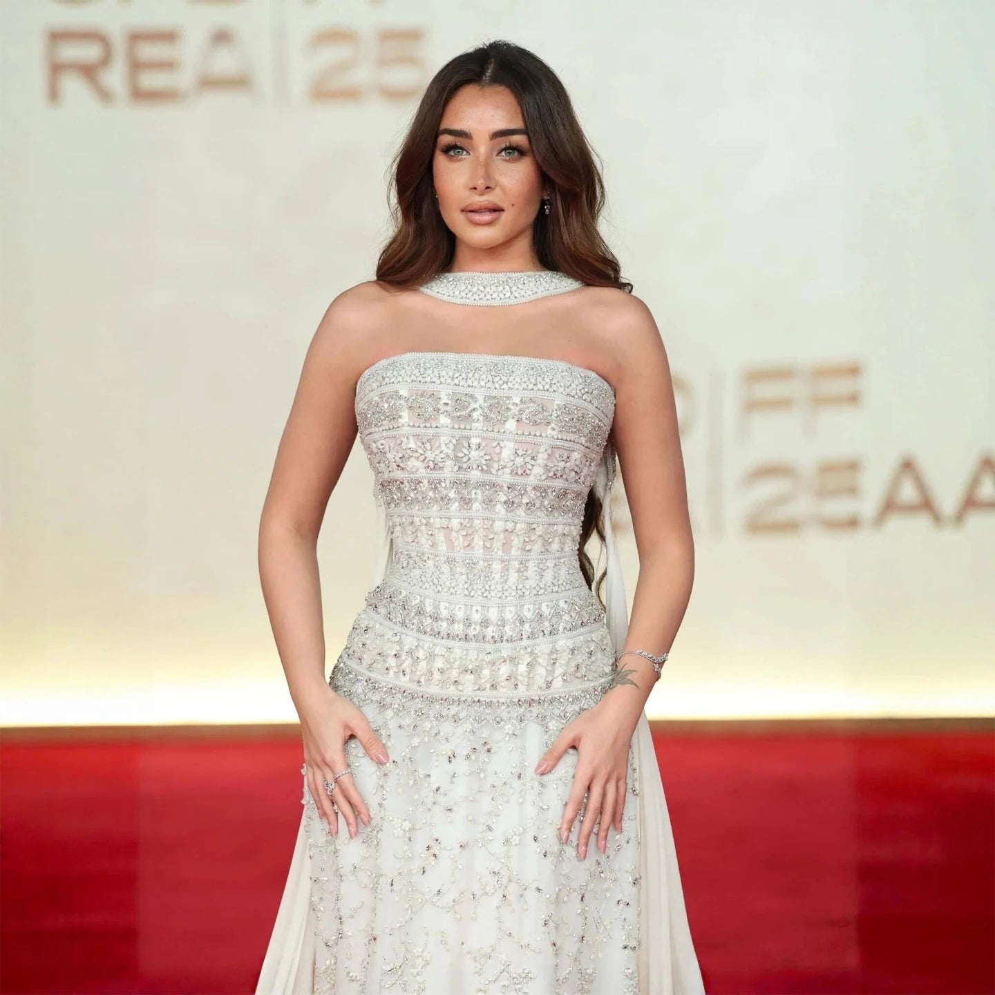 White White Crystal Sequined Evening Gown with Scarf — GCC Luxury Formal — Riviera Couture GCC Luxury Evening Gown