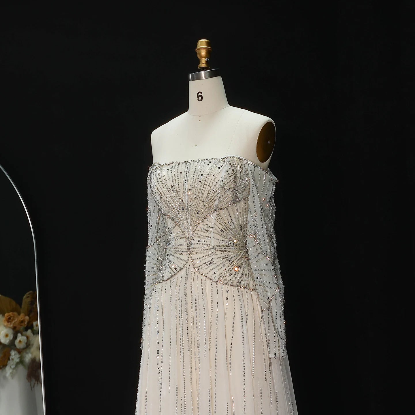 Beige Off Shoulder Long Sleeves Beaded Gown luxury evening dress by Riviera Couture