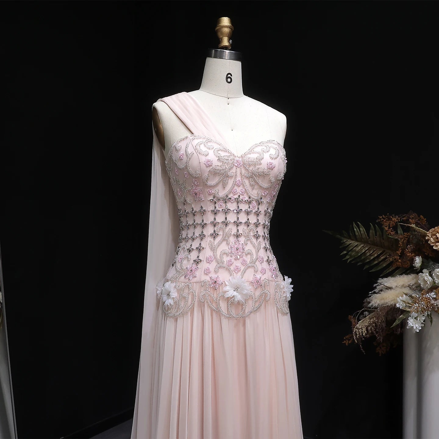 Blush Pink One-Shoulder A-Line Evening Gown with Cape — 3D Flowers Crystal — Riviera Couture GCC Luxury Evening Gown