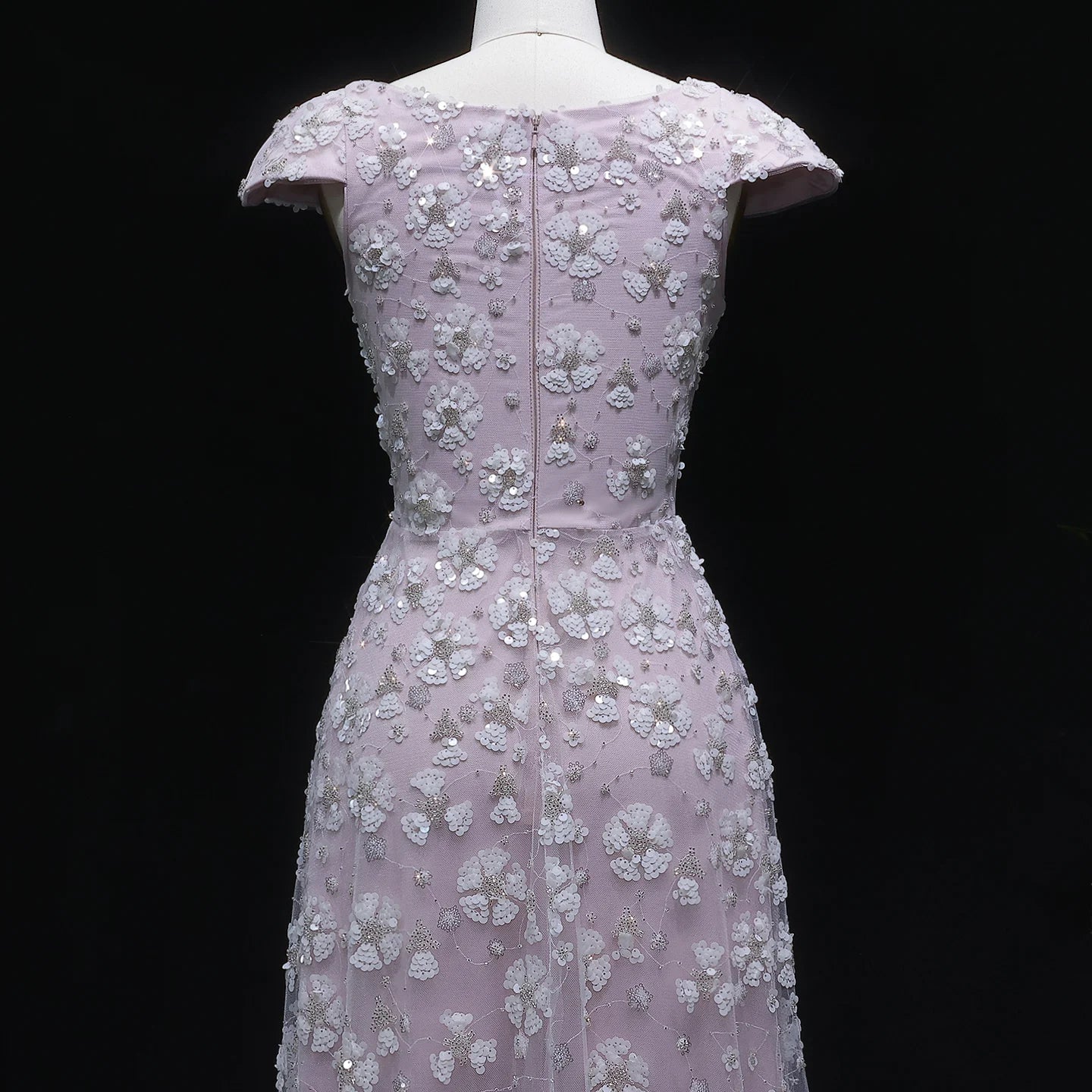 Pink Floral A-Line Evening Gown — Square Neck Beaded Flowers GCC — Riviera Couture GCC Luxury Evening Gown