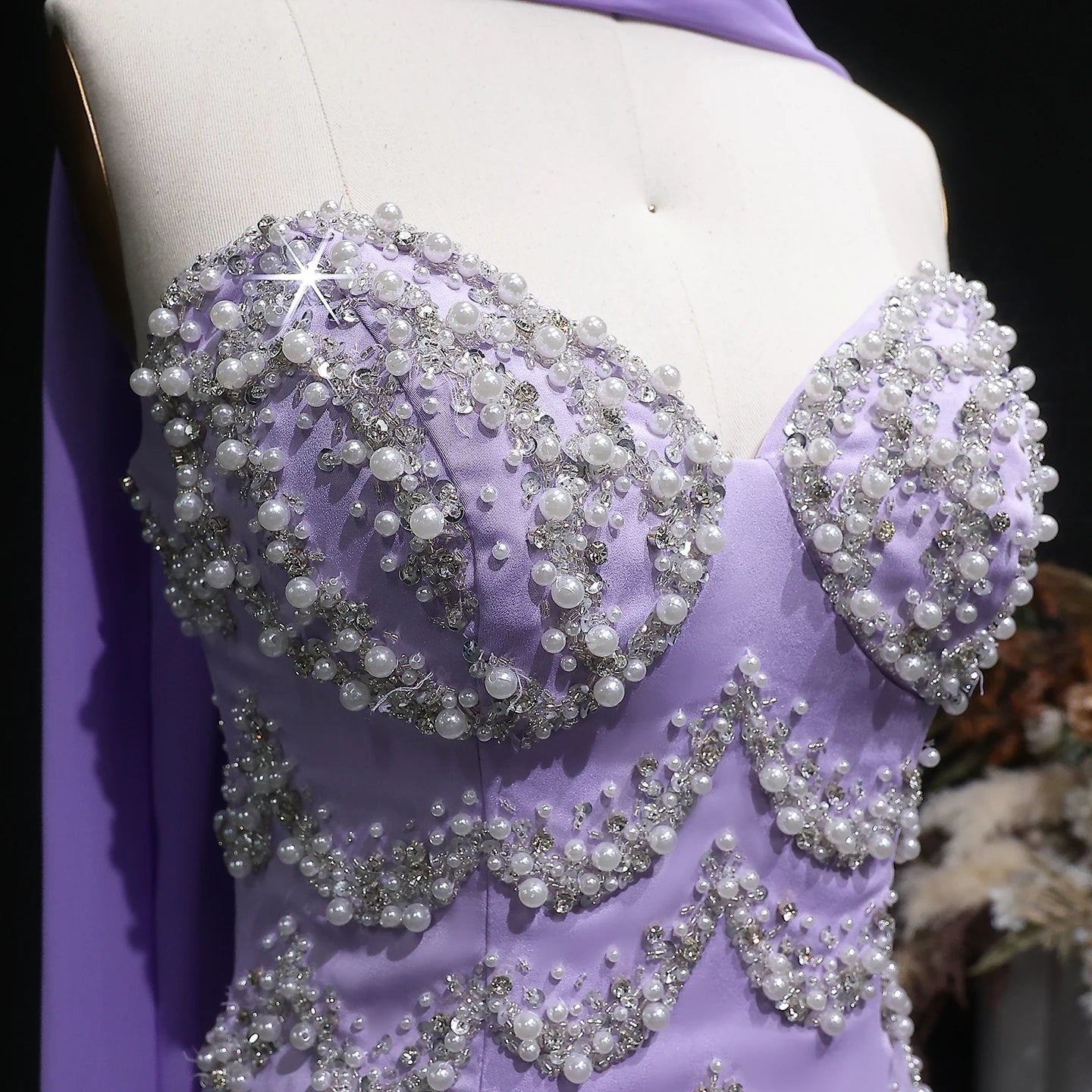 Purple Beaded A-Line Evening Gown with Scarf — Luxury GCC Formal — Riviera Couture GCC Luxury Evening Gown