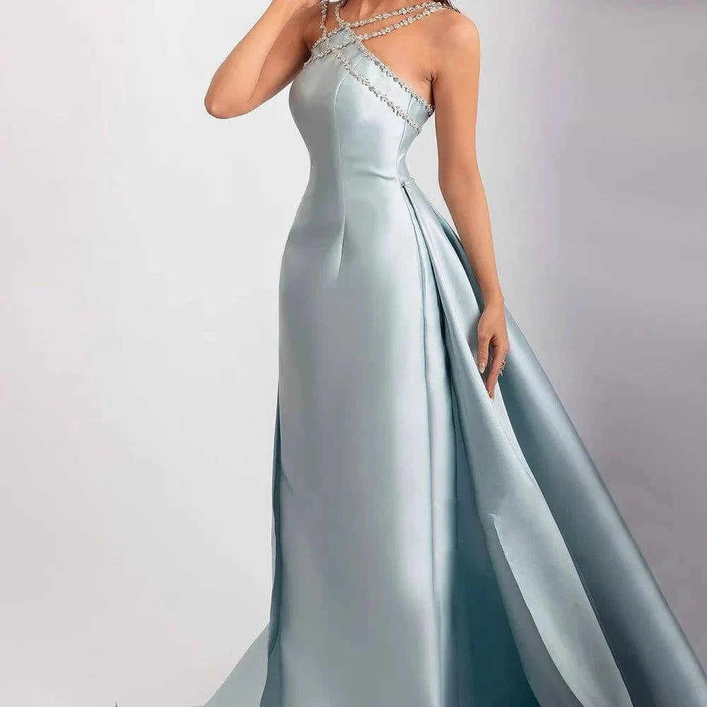 Light Blue Satin Evening Dress - Riviera Couture