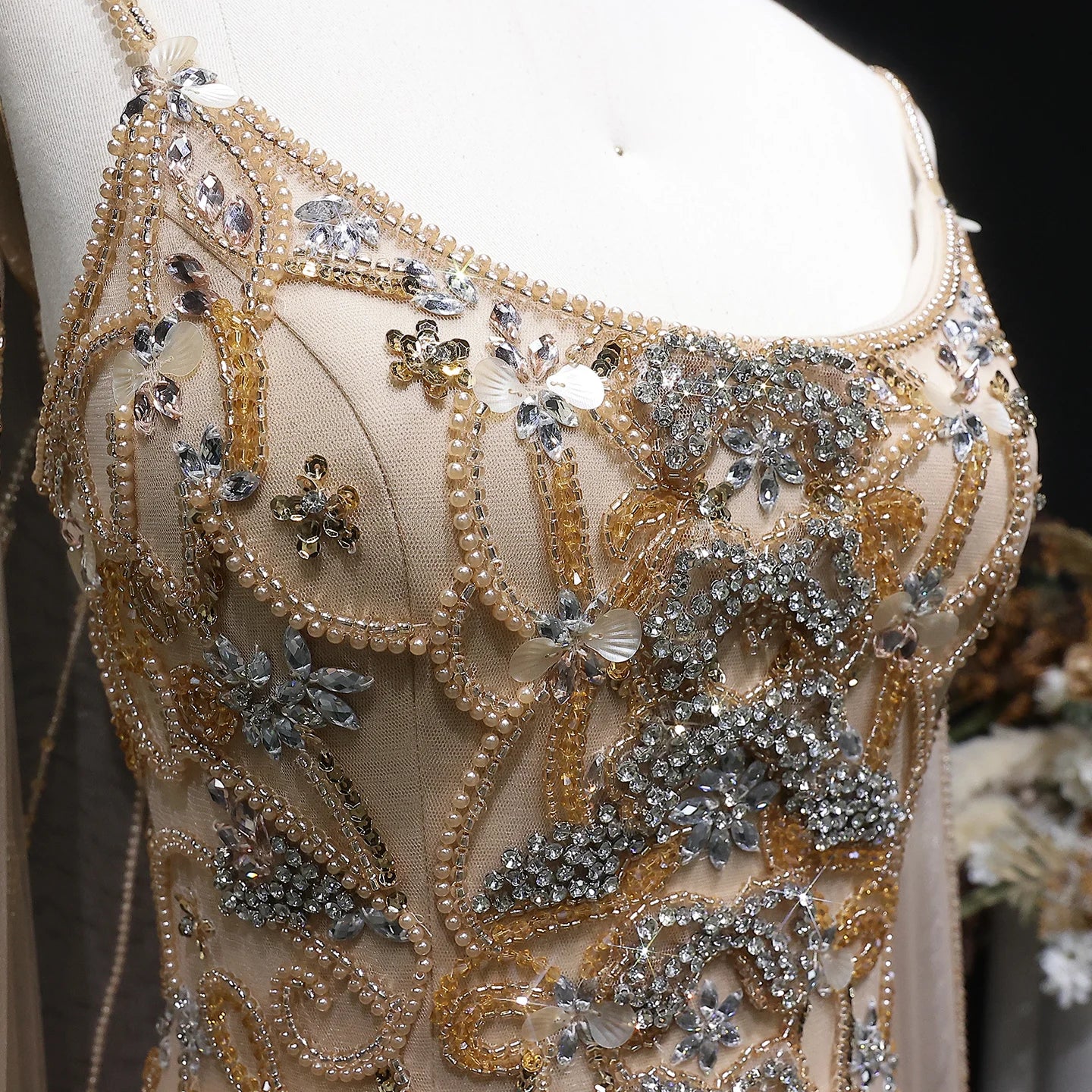 Crystal Beaded Evening Gown with Cape — Luxury GCC Wedding Formal — Riviera Couture GCC Luxury Evening Gown