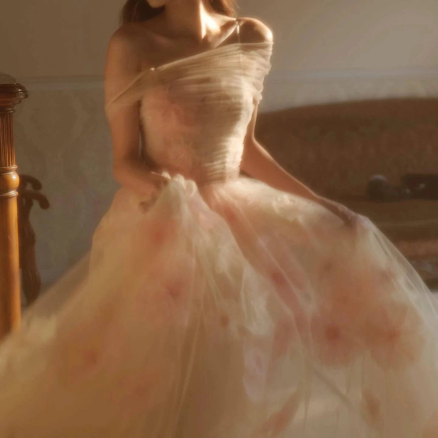 Off Shoulder Pink 3D Flowers Champagne Evening Dress with Straps - Riviera Couture