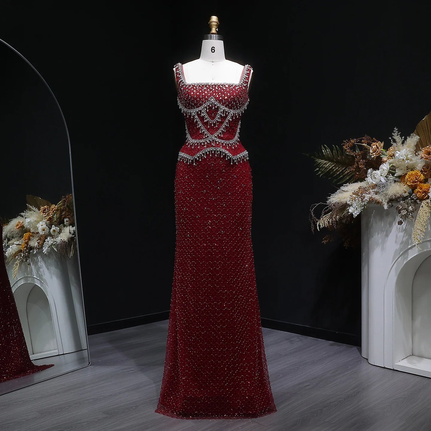 Wine Red Gray Straight Evening Gown with Straps — Dubai Arabic Luxury Formal — Riviera Couture GCC Luxury Evening Gown