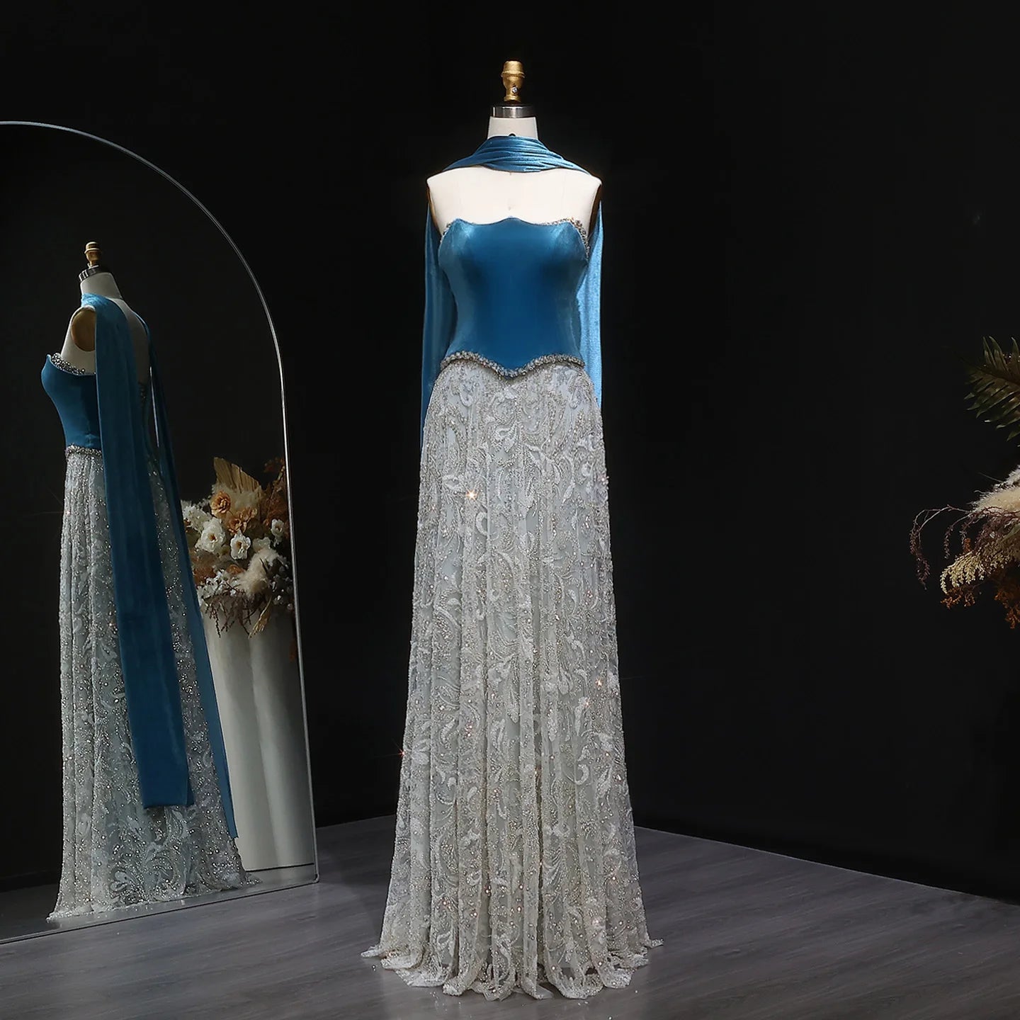 Turquoise Blue Velvet Two-Piece Evening Gown with Scarf — Arabic Luxury — Riviera Couture GCC Luxury Evening Gown