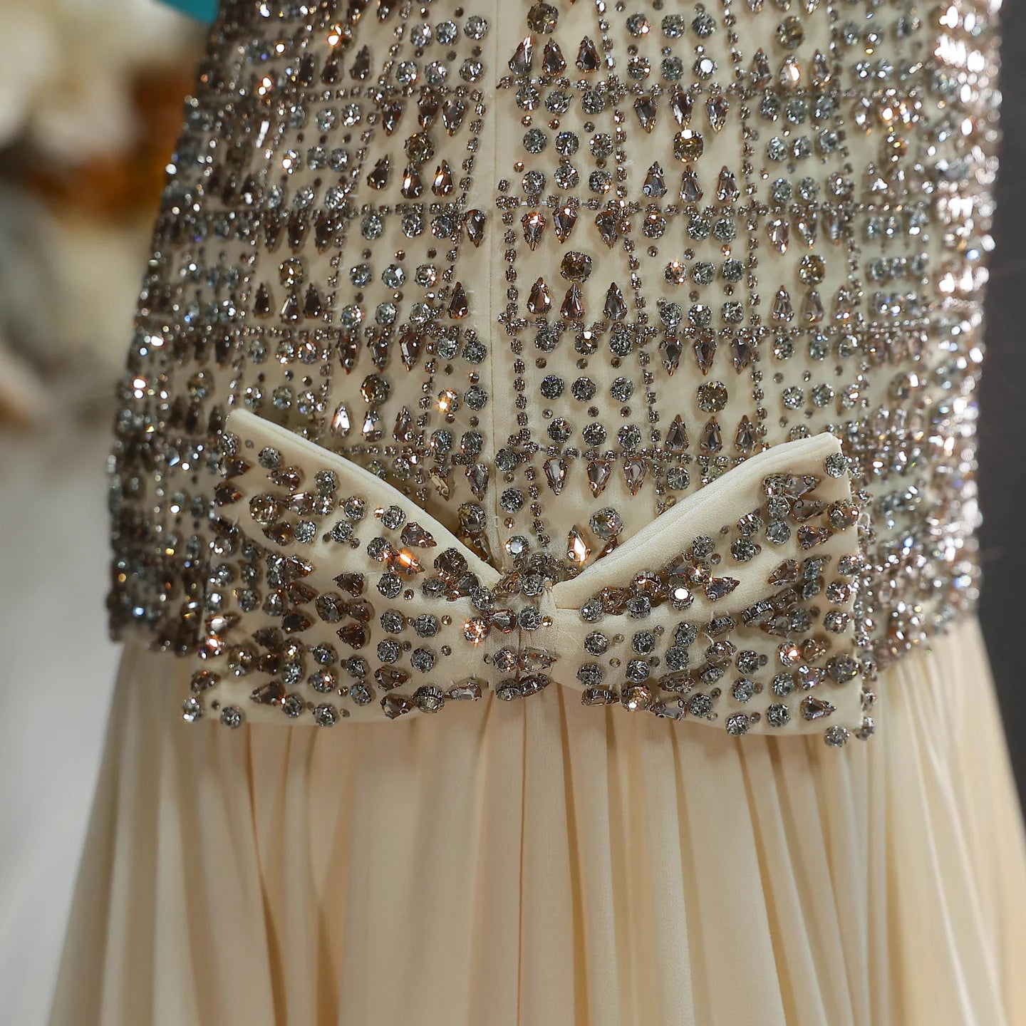 Dubai A-Line Evening Gown — Beaded Crystal Bow Arabic Formal 2026 — Riviera Couture GCC Luxury Evening Gown