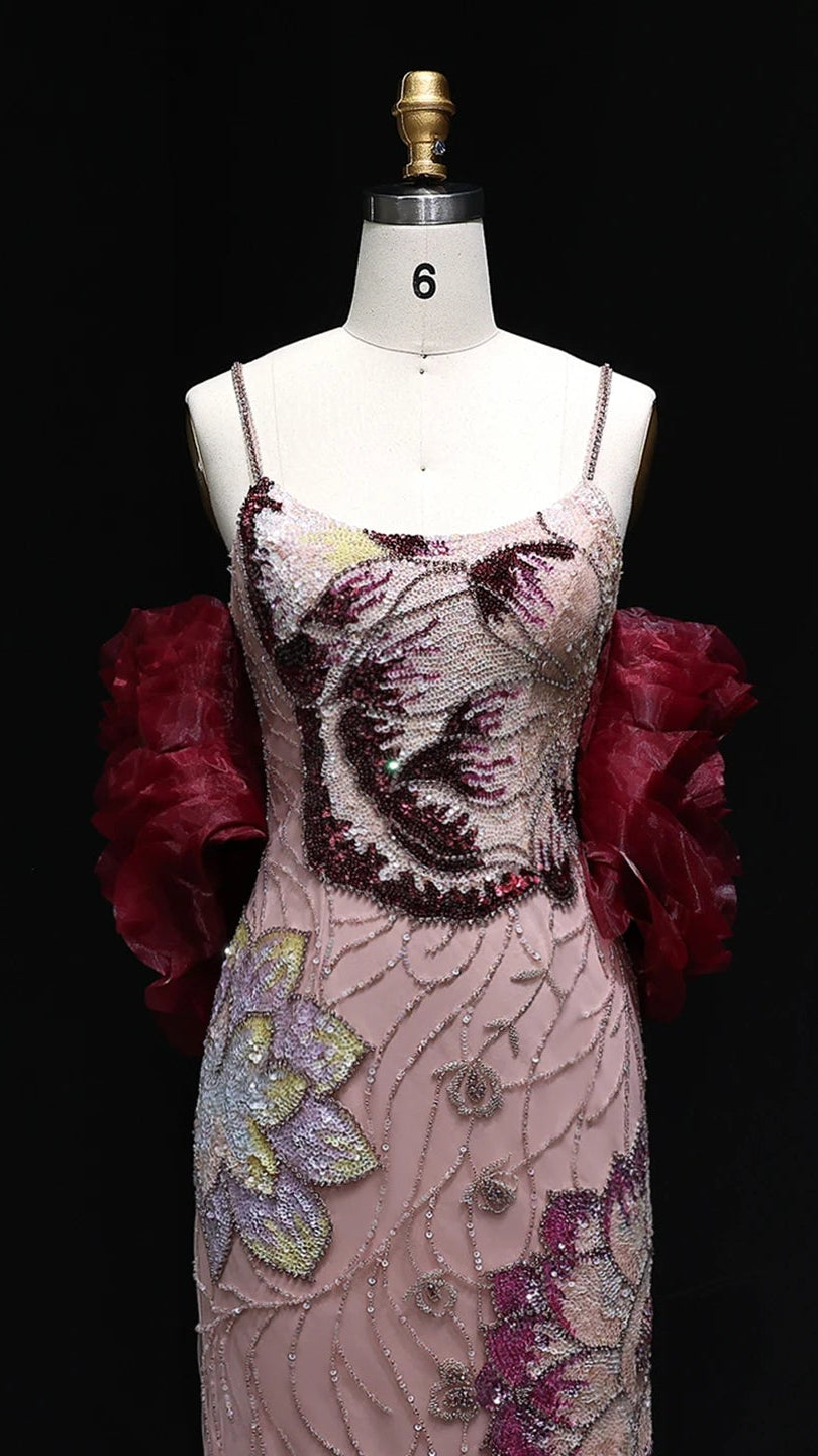 Pink Pink Floral Beaded Evening Gown with Burgundy Cape — GCC Luxury — Riviera Couture GCC Luxury Evening Gown