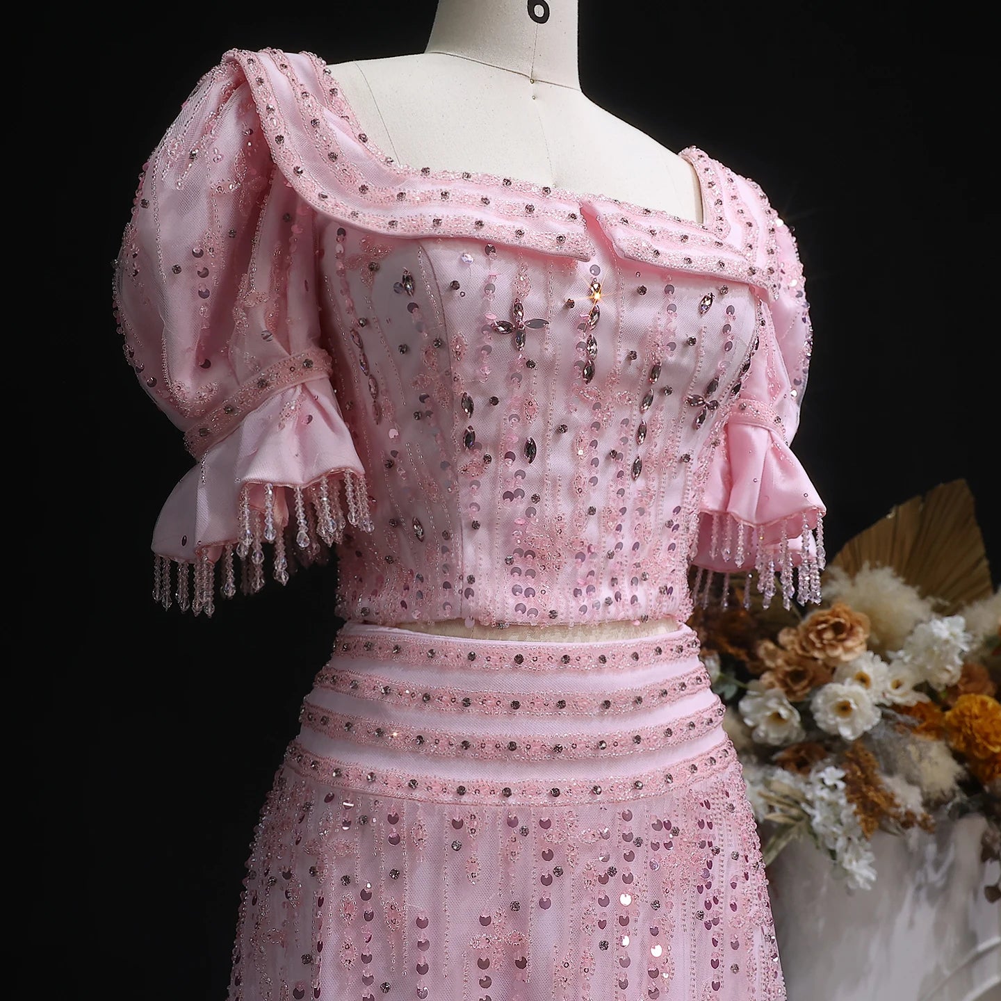 Pink Pink Two-Piece Evening Gown — Short Sleeve Square Collar Arabic — Riviera Couture GCC Luxury Evening Gown