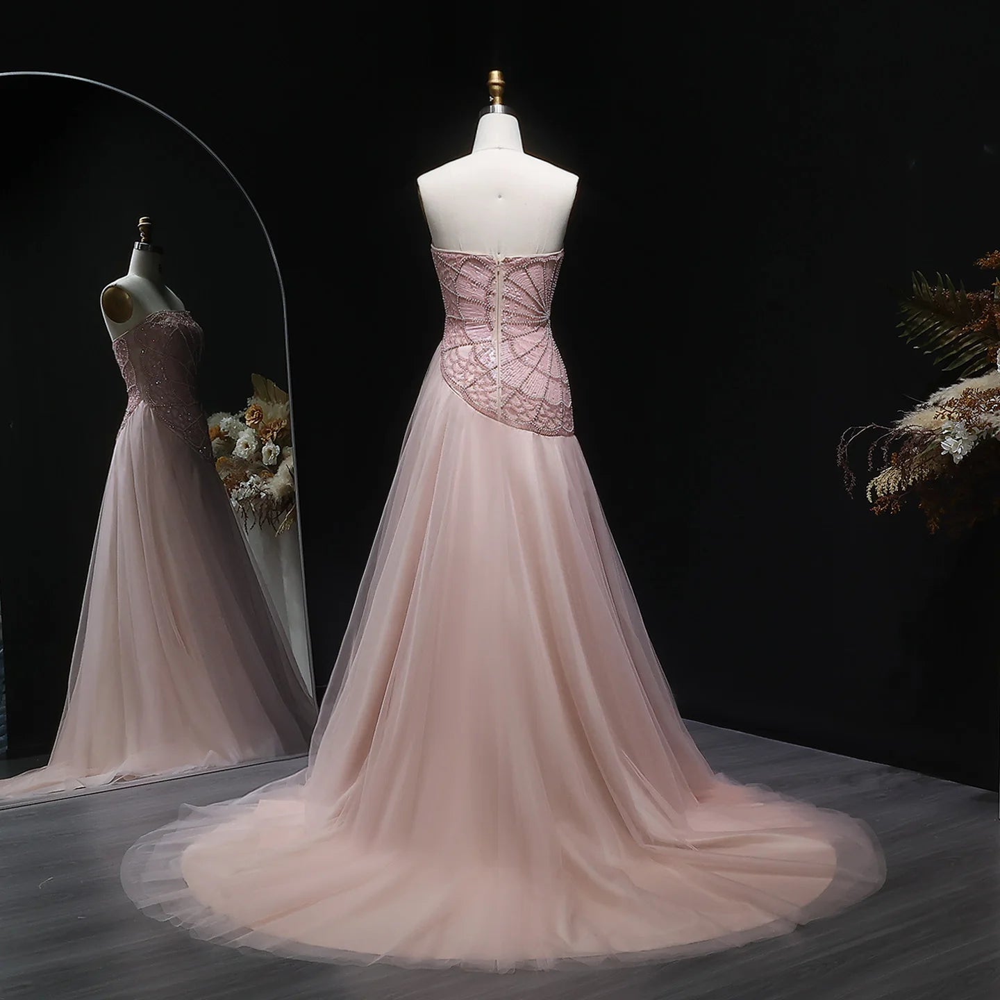 Pink Pink Strapless A-Line Evening Gown — Luxury Beaded Arabic GCC — Riviera Couture GCC Luxury Evening Gown