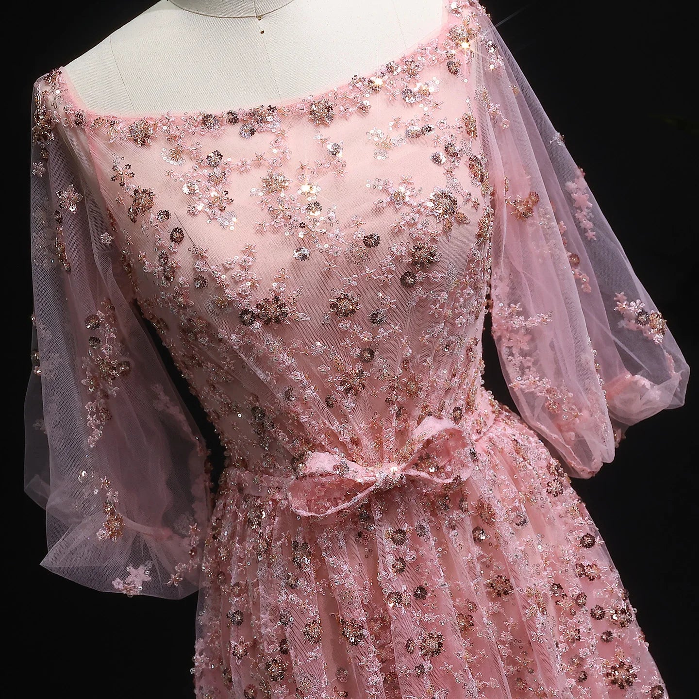 Pink Pink Long Sleeve Evening Gown with Bow — Luxury Beaded Arabic GCC — Riviera Couture GCC Luxury Evening Gown