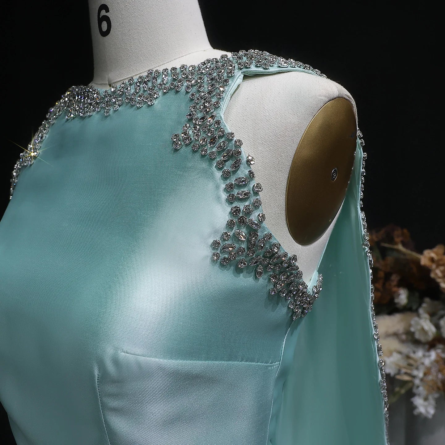 Mint Green Mint Green Arabic Mermaid Evening Gown with Cape and Side Slit — Riviera Couture GCC Luxury Evening Gown