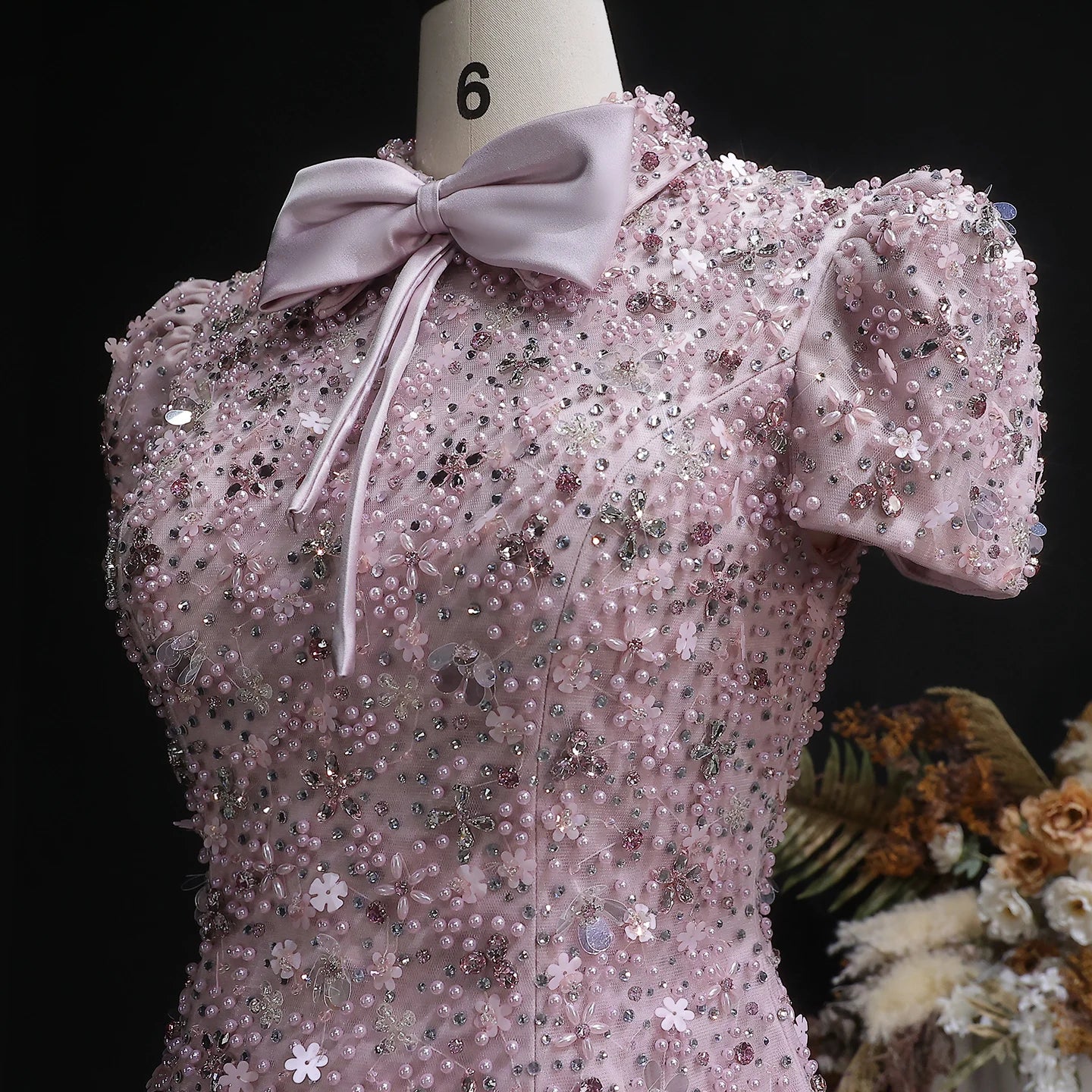 Pink Beaded Two-Piece Evening Gown — Short Sleeve Arabic Luxury — Riviera Couture GCC Luxury Evening Gown