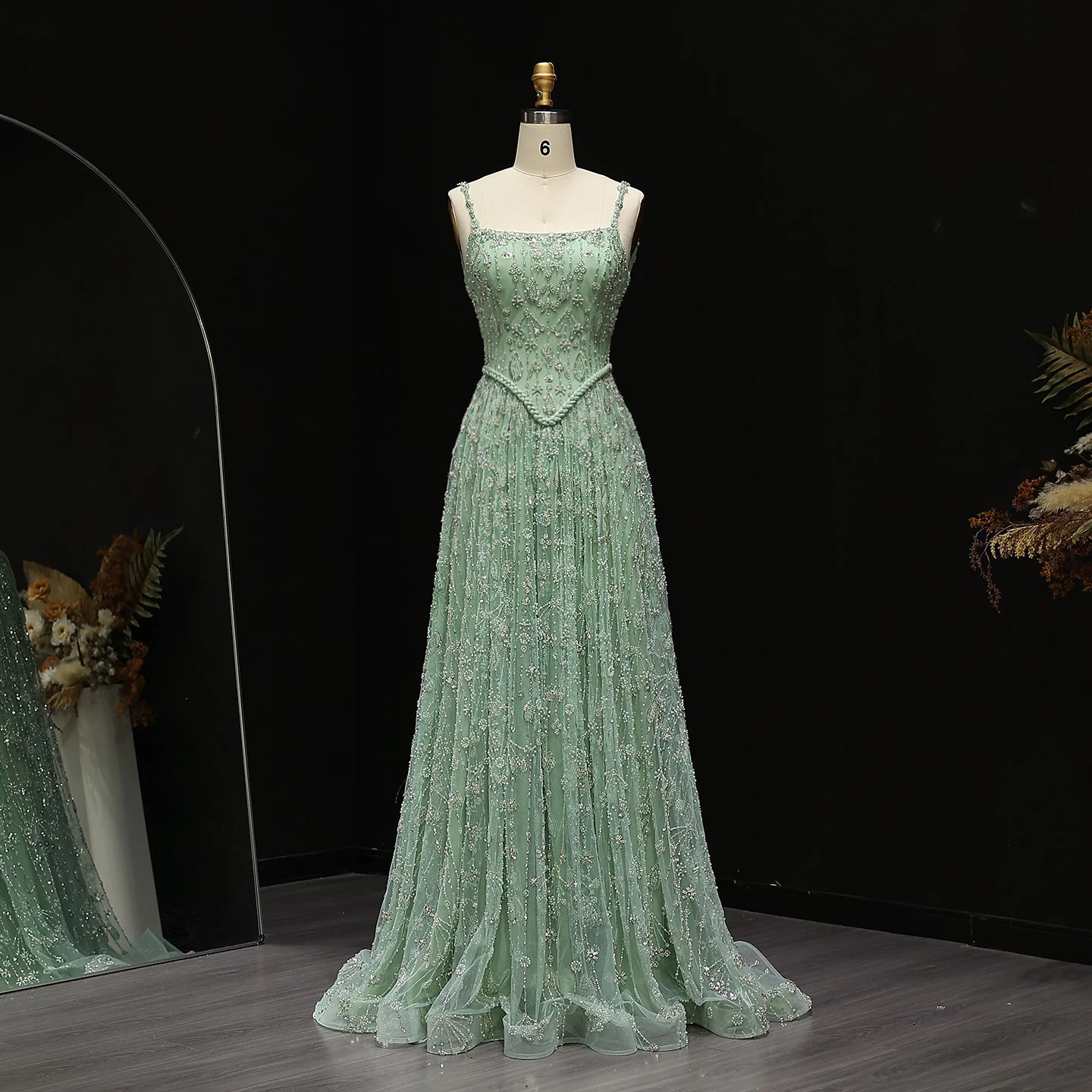 green Sage Green Spaghetti Strap Evening Gown — Arabic Luxury 2026 — Riviera Couture GCC Luxury Evening Gown