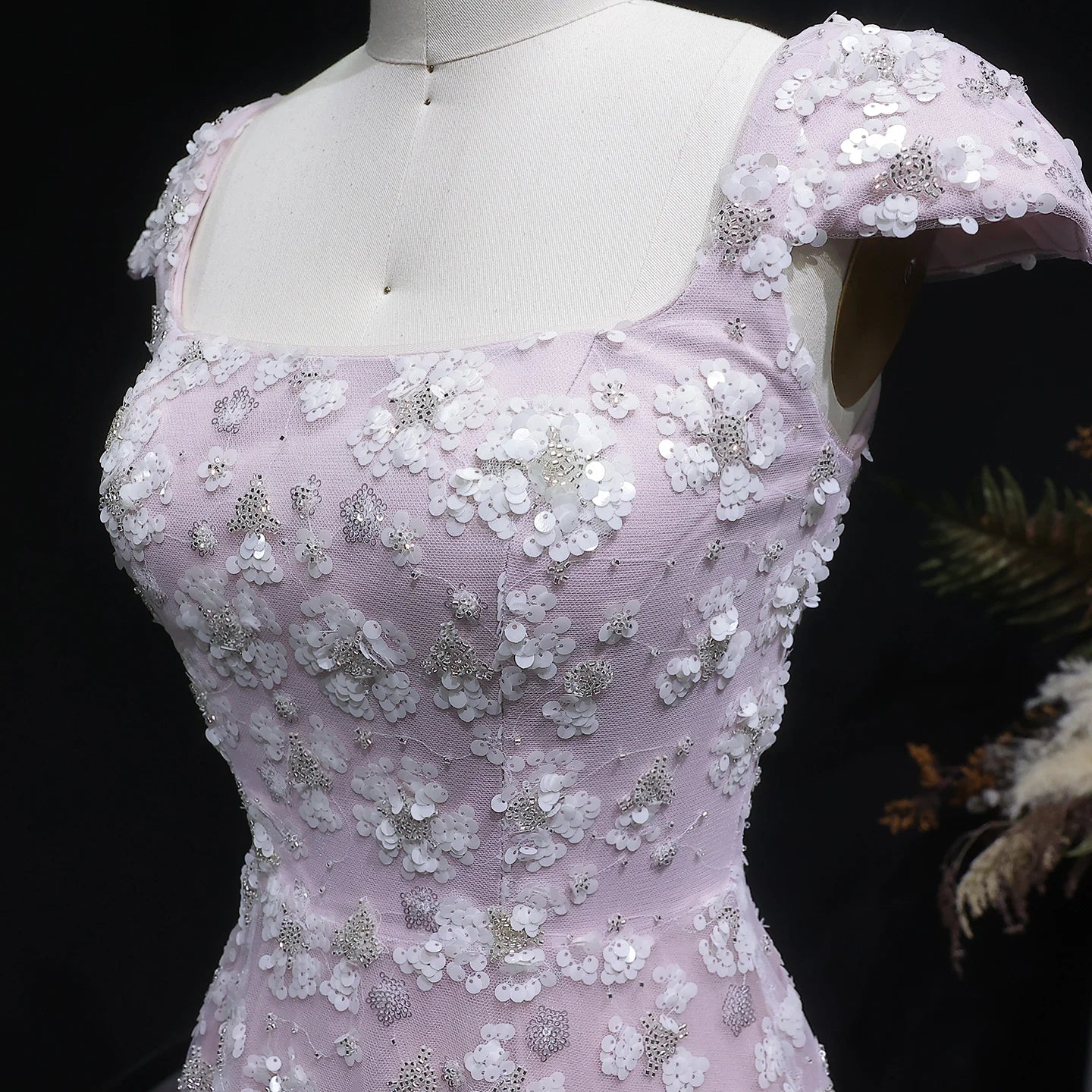 Light Pink Floral Evening Gown — Square Neck Open Back GCC Wedding — Riviera Couture GCC Luxury Evening Gown