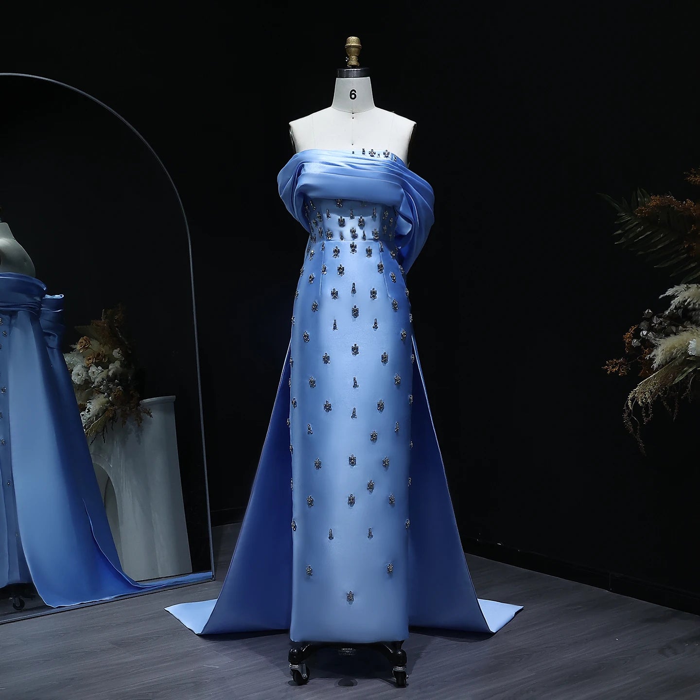 Blue Blue Satin Off-Shoulder Evening Gown with Crystal Overskirt — Midi — Riviera Couture GCC Luxury Evening Gown