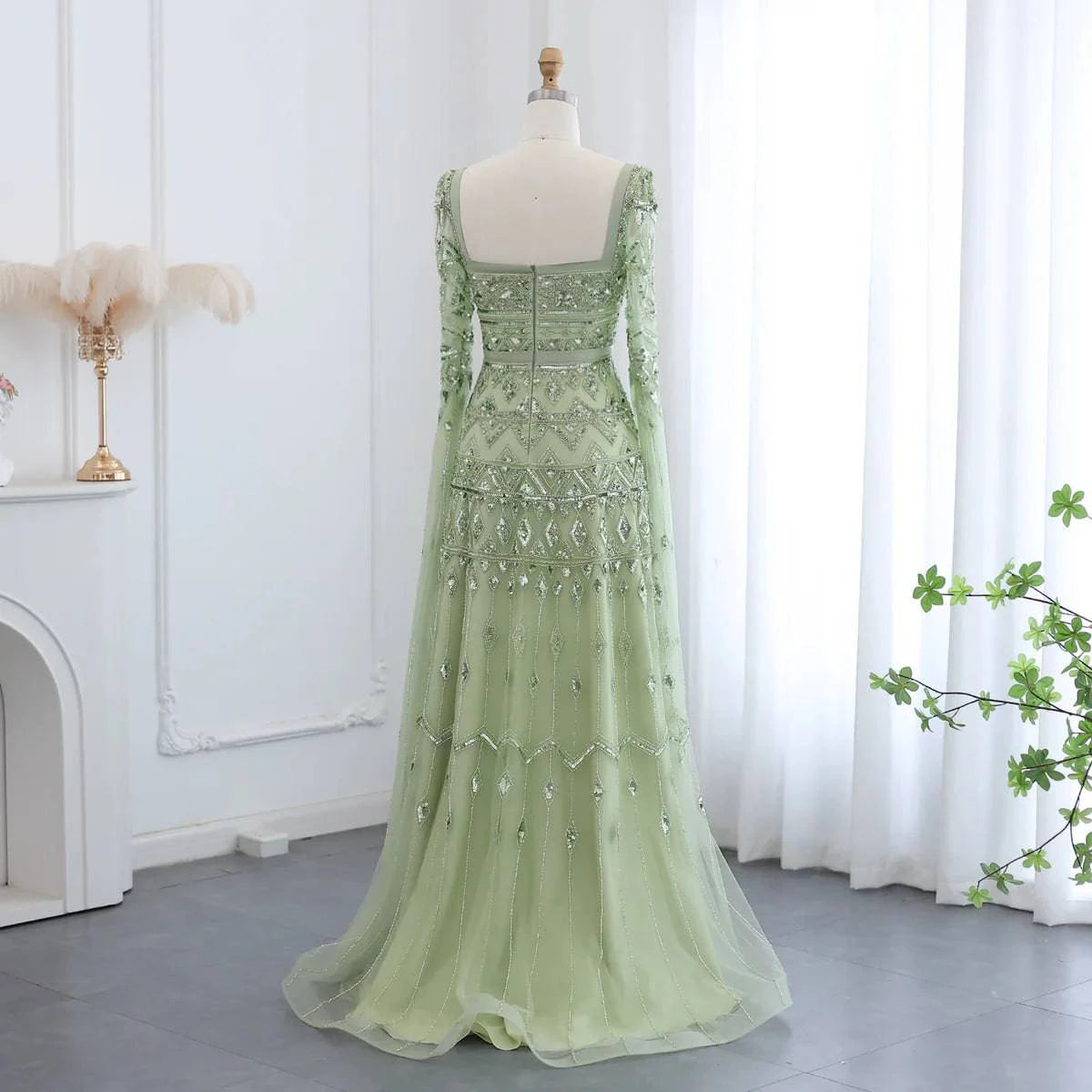 Sage Green Cape Sleeve Square Neck Gown - Riviera Couture