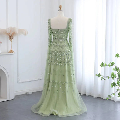Sage Green Cape Sleeve Square Neck Gown - Riviera Couture