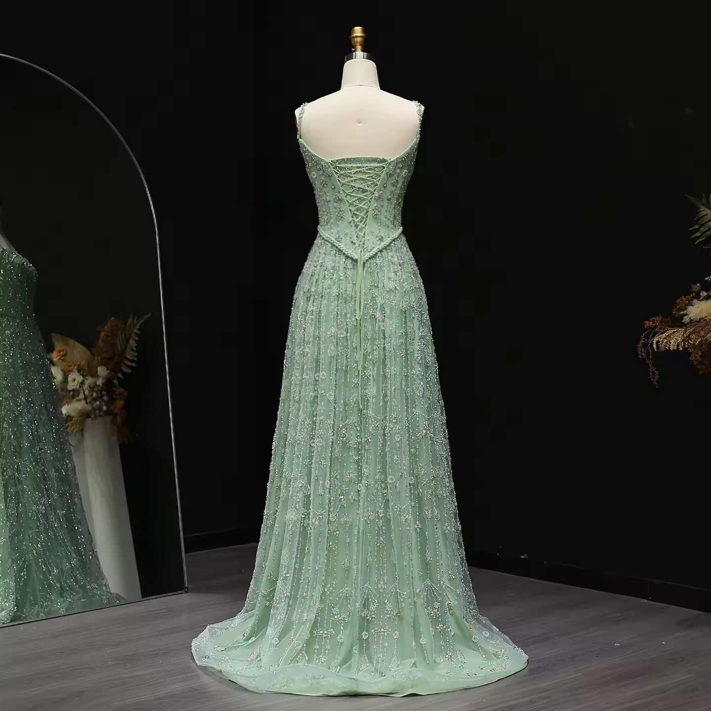 Sage Green Corset Top Beaded Gown