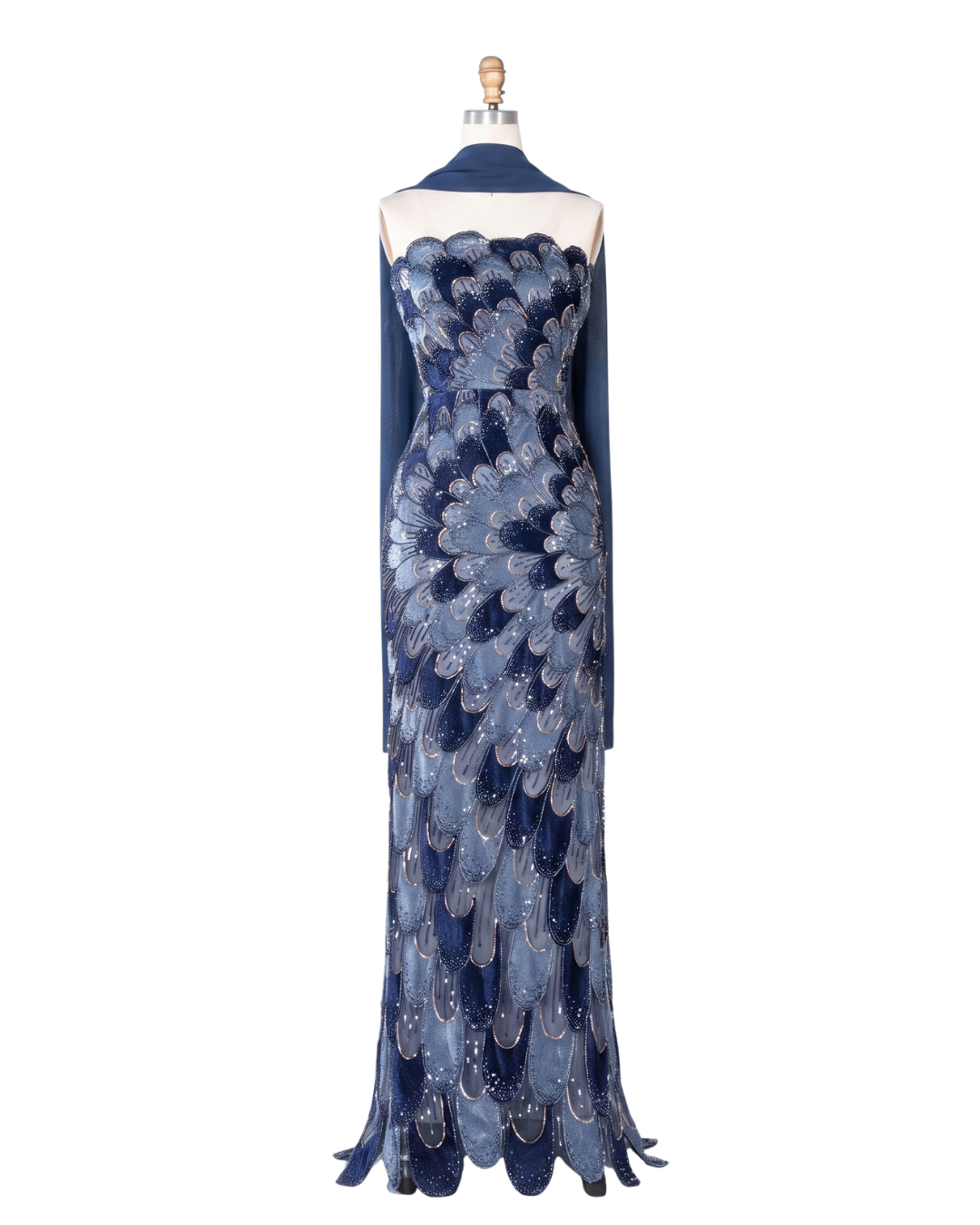 RC115 — The Rosalind | Sequined Mermaid Evening Gown with Beaded Tiers & Wrap