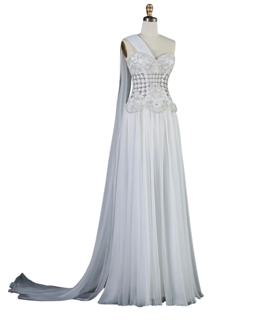 RC172 — The Karima | One Shoulder A-Line Evening Gown with Cape — 3D Flowers Crystal Beaded