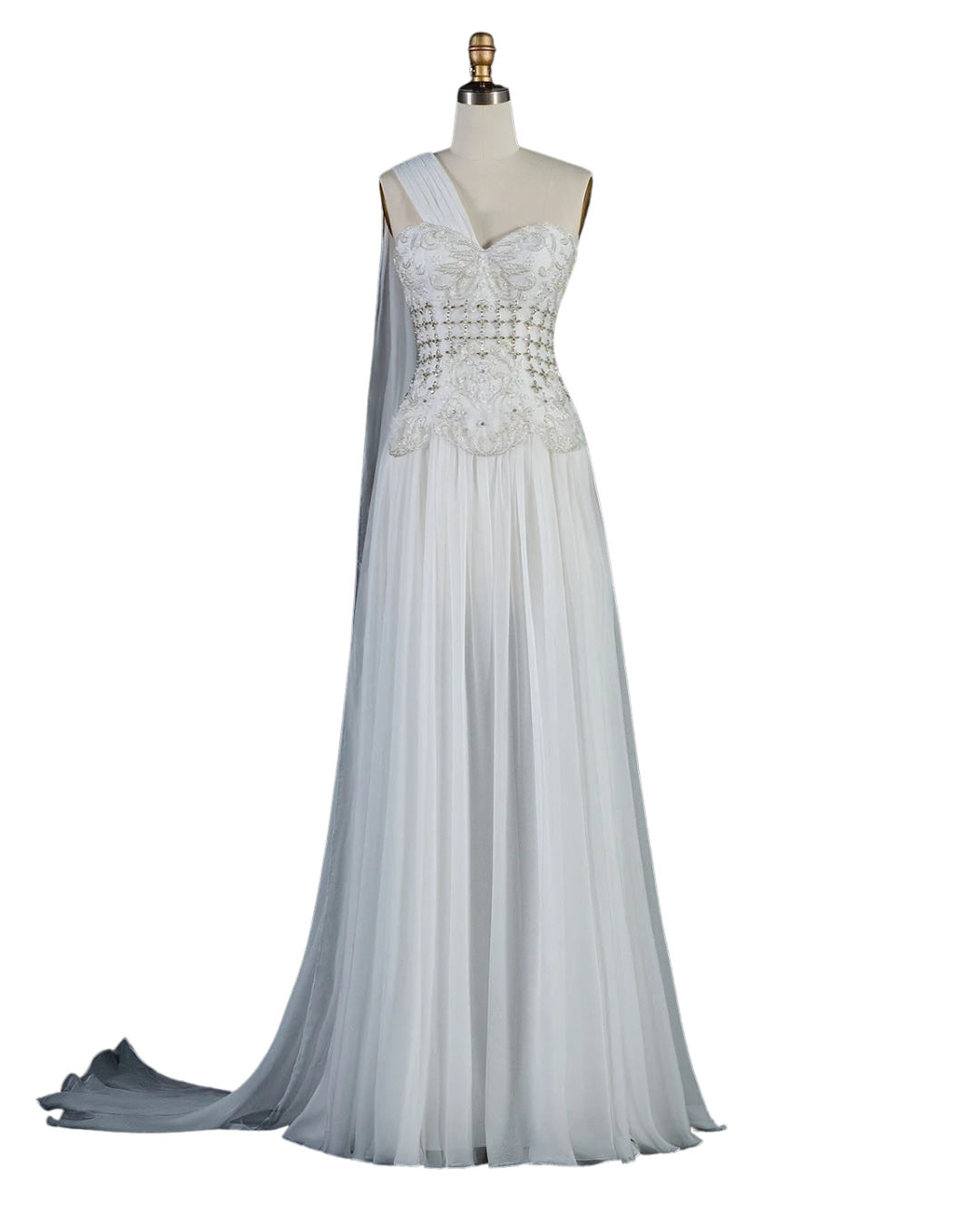 RC172 — The Karima | One Shoulder A-Line Evening Gown with Cape — 3D Flowers Crystal Beaded