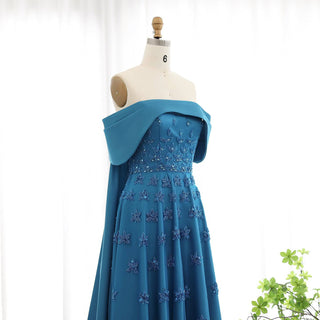 Blue Satin Evening Dress with Cape - RC22 - Riviera Couture