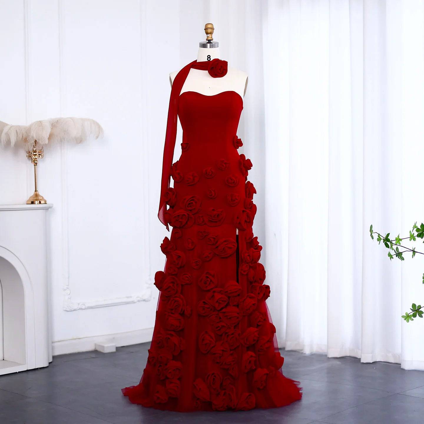 Maroon 3D Flowers Mermaid Evening Dress - RC08 - Riviera Couture