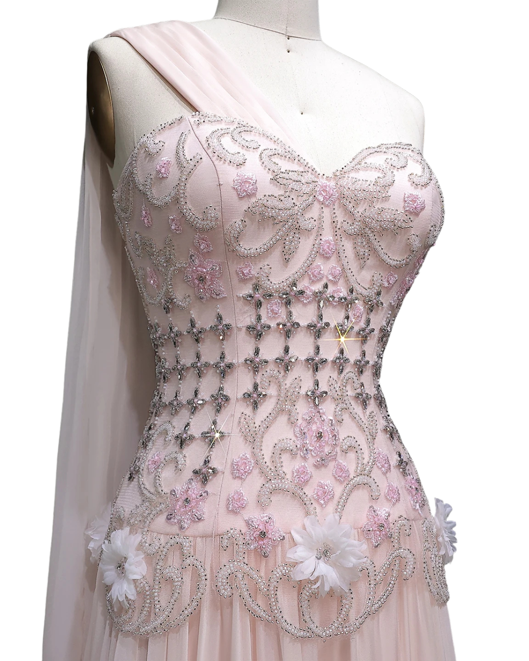 RC172 — The Karima | One Shoulder A-Line Evening Gown with Cape — 3D Flowers Crystal Beaded