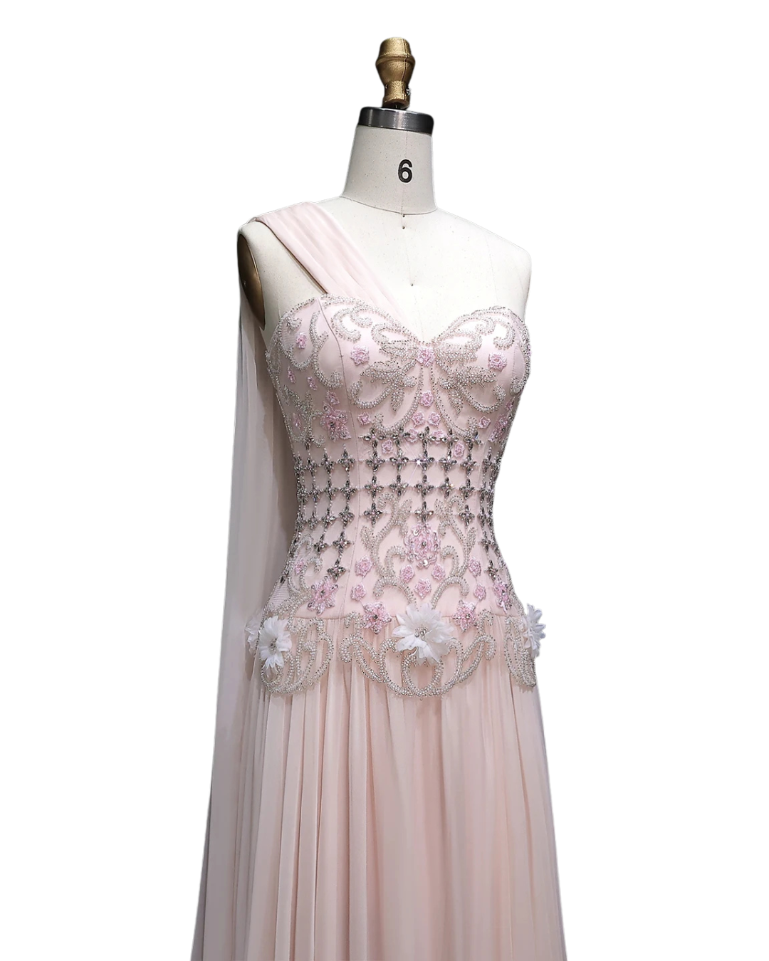 RC172 — The Karima | One Shoulder A-Line Evening Gown with Cape — 3D Flowers Crystal Beaded