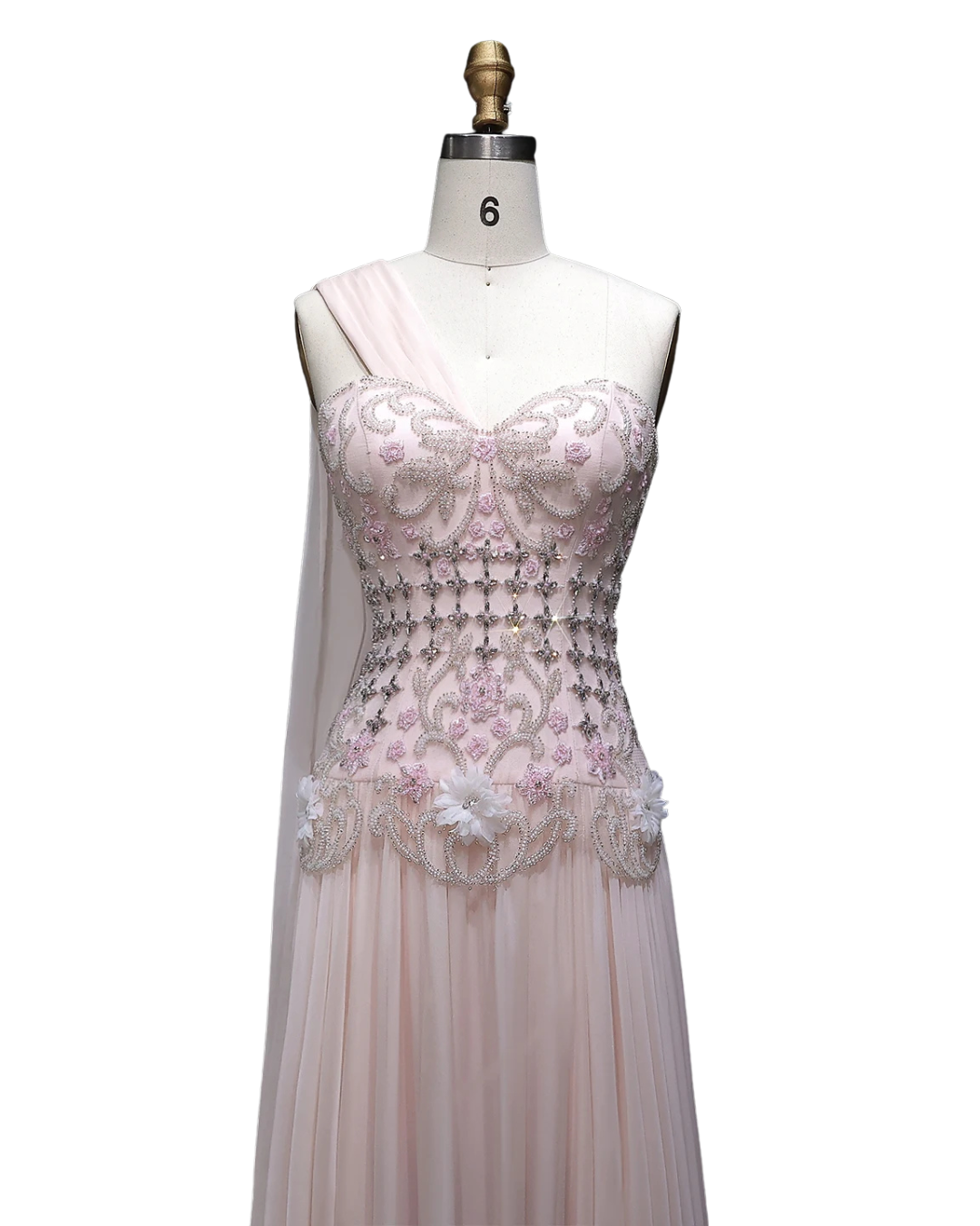 RC172 — The Karima | One Shoulder A-Line Evening Gown with Cape — 3D Flowers Crystal Beaded