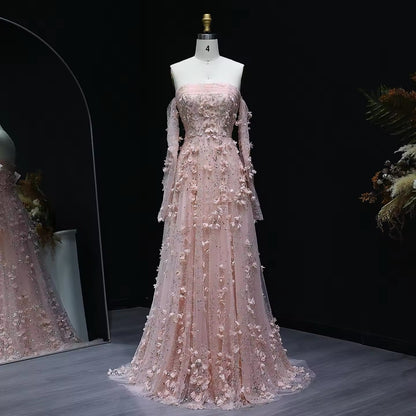 Pink 3D Flowers Strapless Gown with Gloves luxury evening dress by Riviera Couture