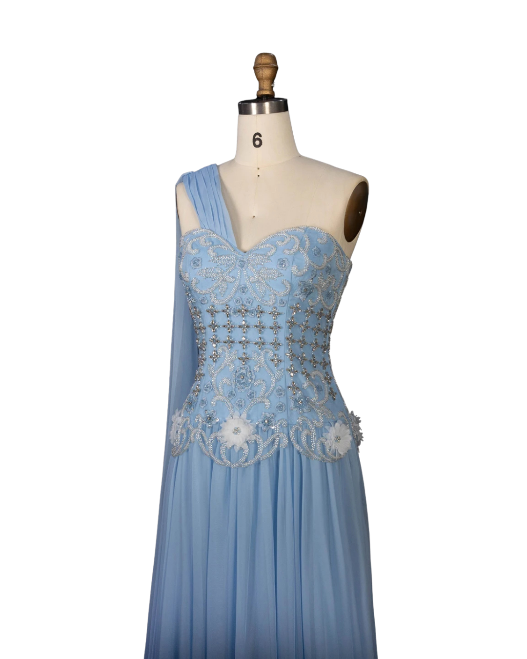 RC172 — The Karima | One Shoulder A-Line Evening Gown with Cape — 3D Flowers Crystal Beaded
