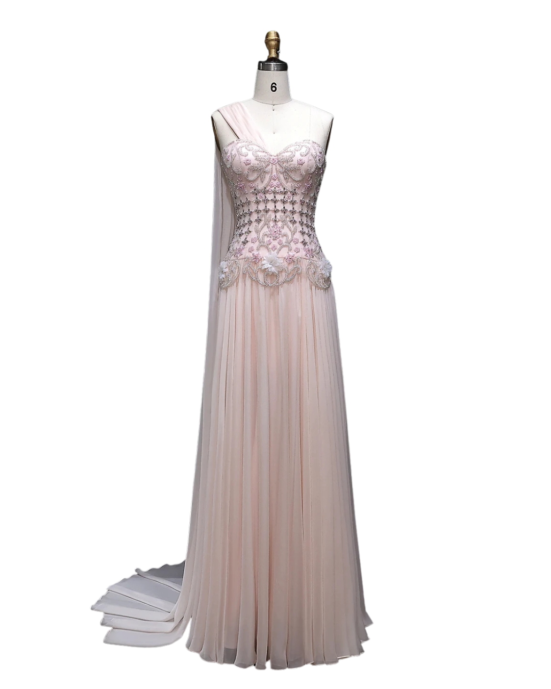 RC172 — The Karima | One Shoulder A-Line Evening Gown with Cape — 3D Flowers Crystal Beaded