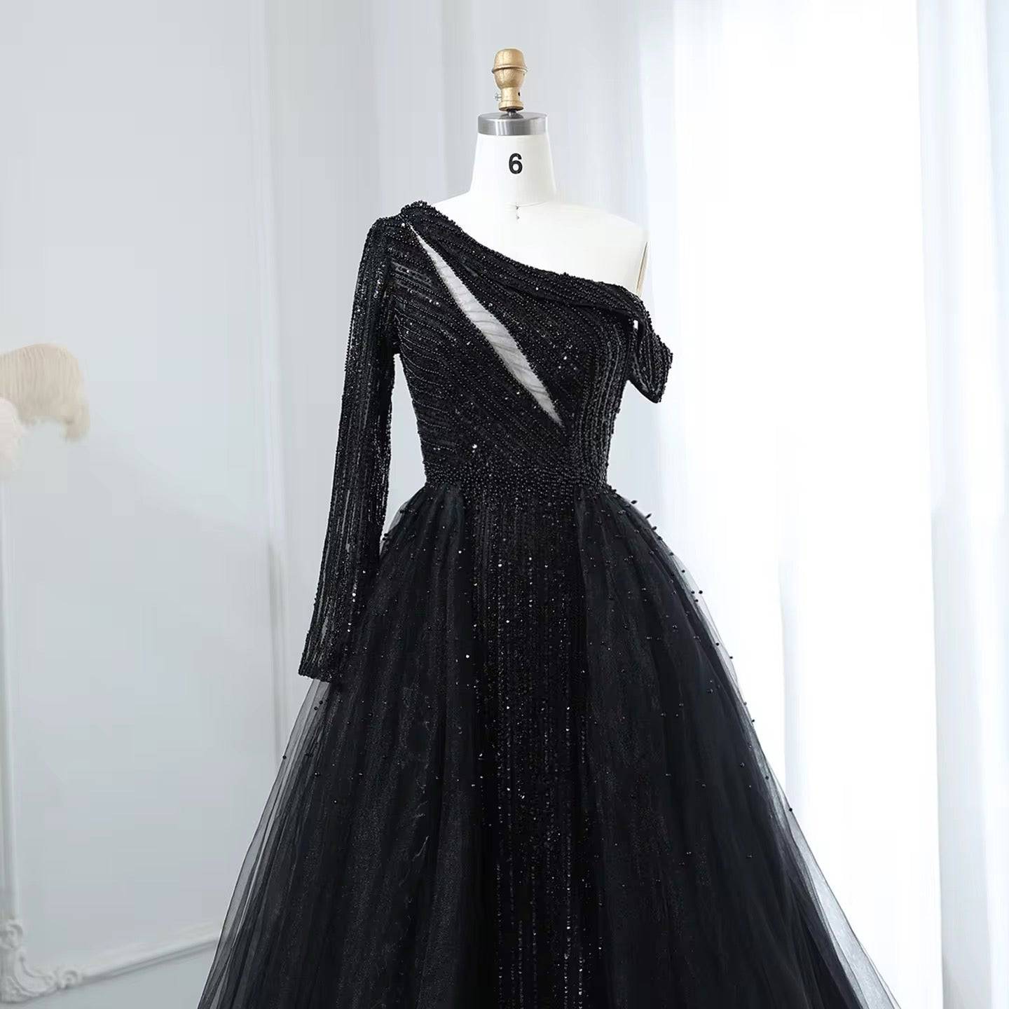 Black Pearl One Sleeve Gown with Overskirt - RC206 - Riviera Couture