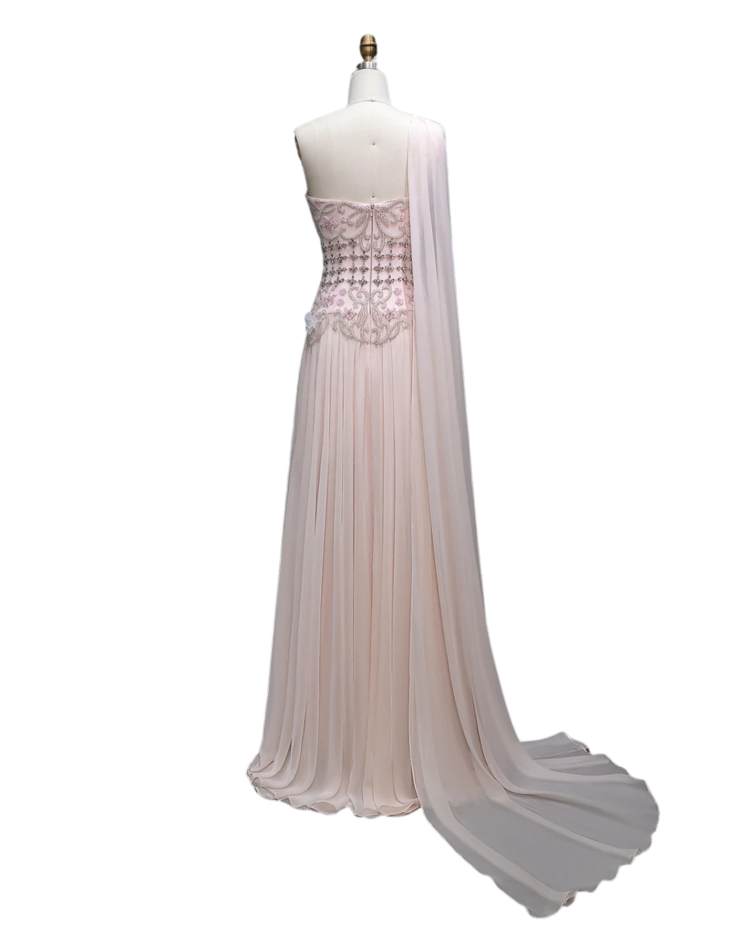 RC172 — The Karima | One Shoulder A-Line Evening Gown with Cape — 3D Flowers Crystal Beaded