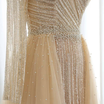 Pearl One Sleeve Gown with Overskirt - RC205 - Riviera Couture