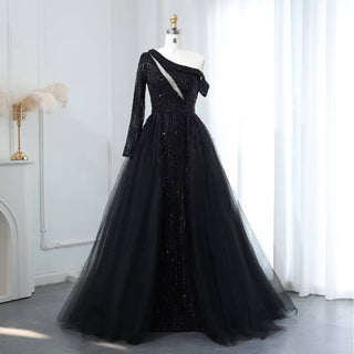 Black Pearl One Sleeve Gown with Overskirt - RC206 - Riviera Couture