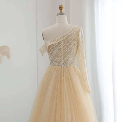 Pearl One Sleeve Gown with Overskirt - RC205 - Riviera Couture
