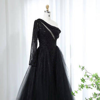 Black Pearl One Sleeve Gown with Overskirt - RC206 - Riviera Couture