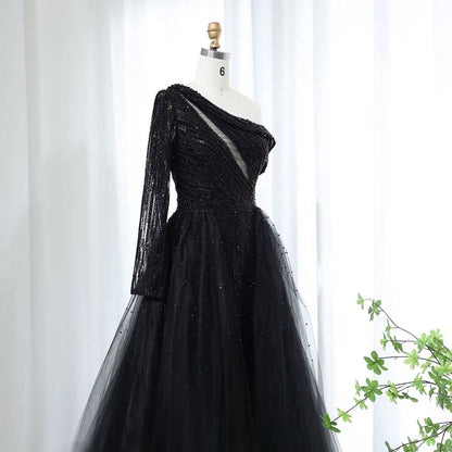 Black Pearl One Sleeve Gown with Overskirt - RC206 - Riviera Couture