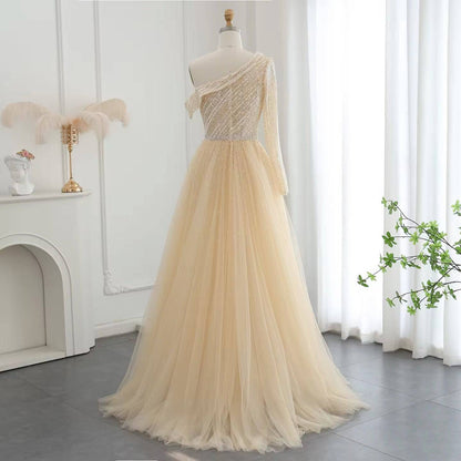 Pearl One Sleeve Gown with Overskirt - RC205 - Riviera Couture
