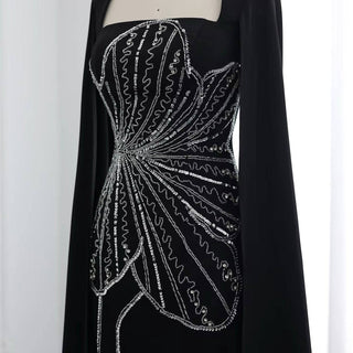 Black Long Sleeve Gown with Cape Sleeves - Riviera Couture