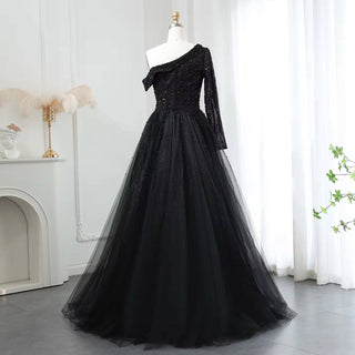 Black Pearl One Sleeve Gown with Overskirt - RC206 - Riviera Couture