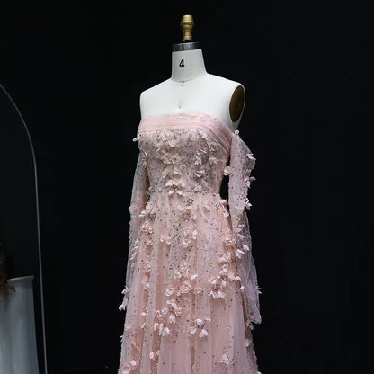 Pink 3D Flowers Strapless Gown with Gloves luxury evening dress by Riviera Couture