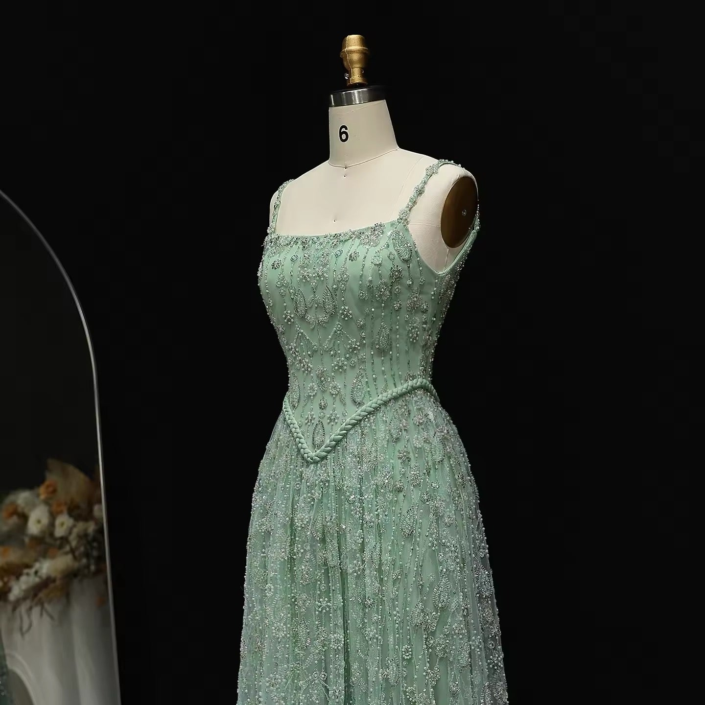 Sage Green Corset Top Beaded Gown